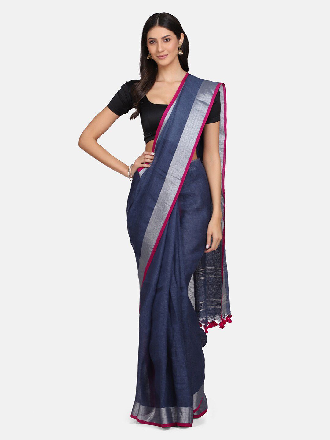 Mirraw Navy Blue & Grey Zari Pure Linen Ready to Wear Saree Price in India