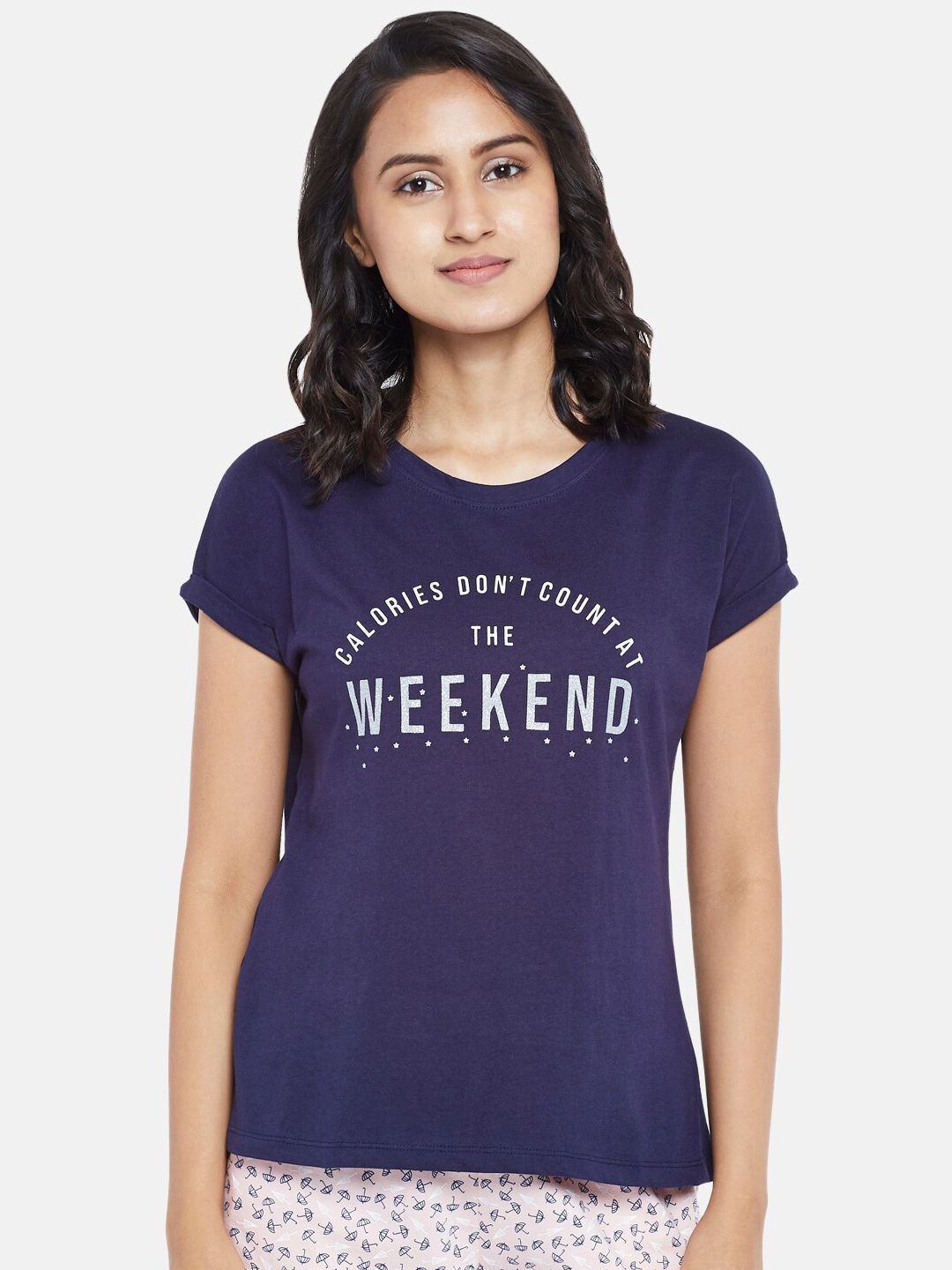 Dreamz by Pantaloons Women Navy Blue Typography Printed Lounge T-shirt Price in India