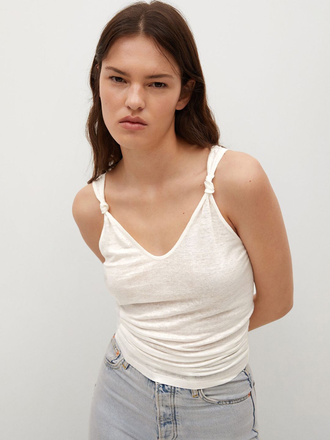 MANGO Off White Linen Regular Top