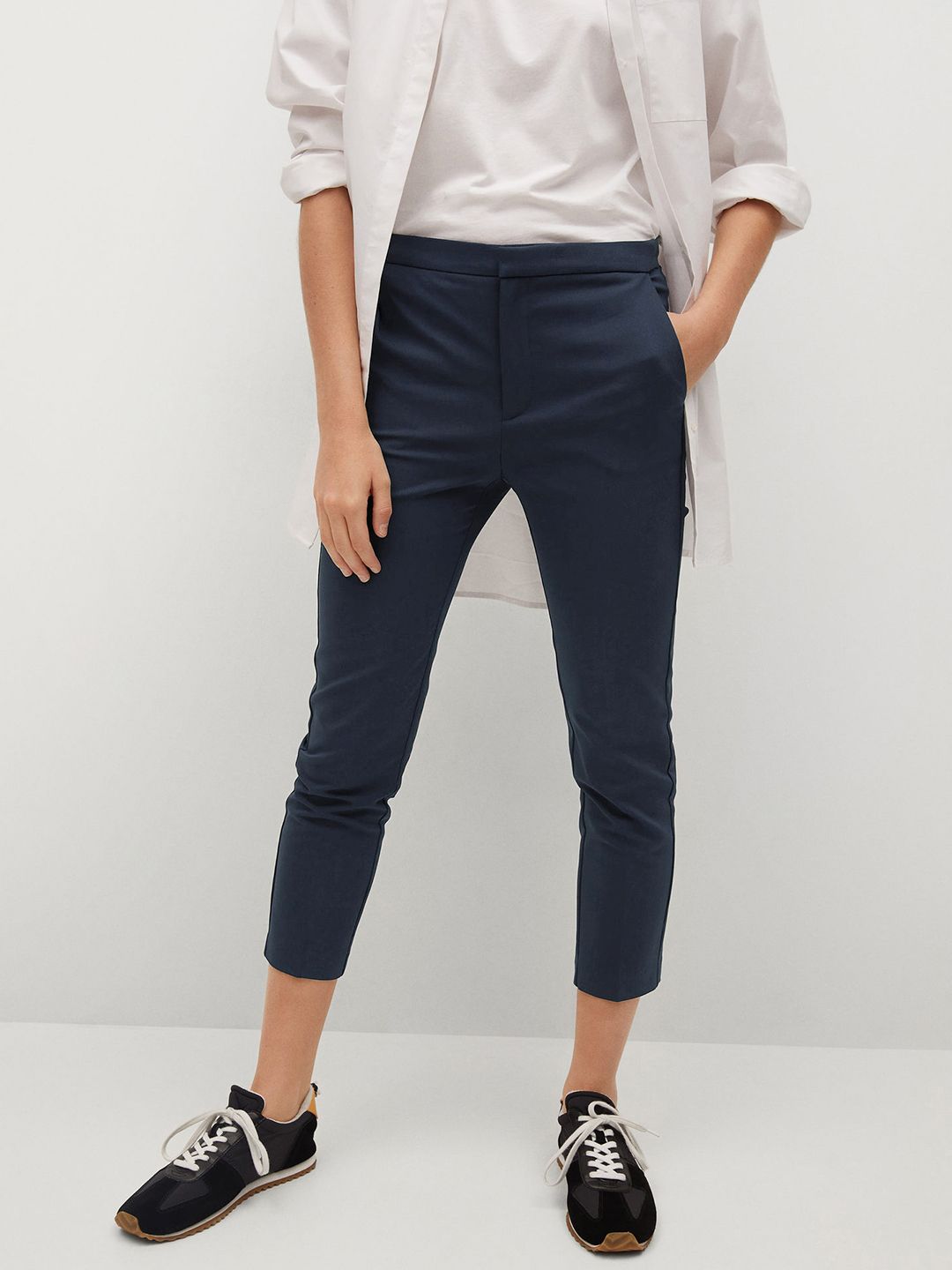 MANGO Women Navy Blue Solid Cropped Skinny Fit Trousers Price in India