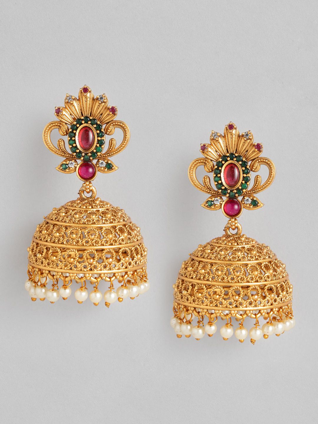 Anouk Gold-Toned & Pink Dome Shaped Jhumkas Earrings Price in India