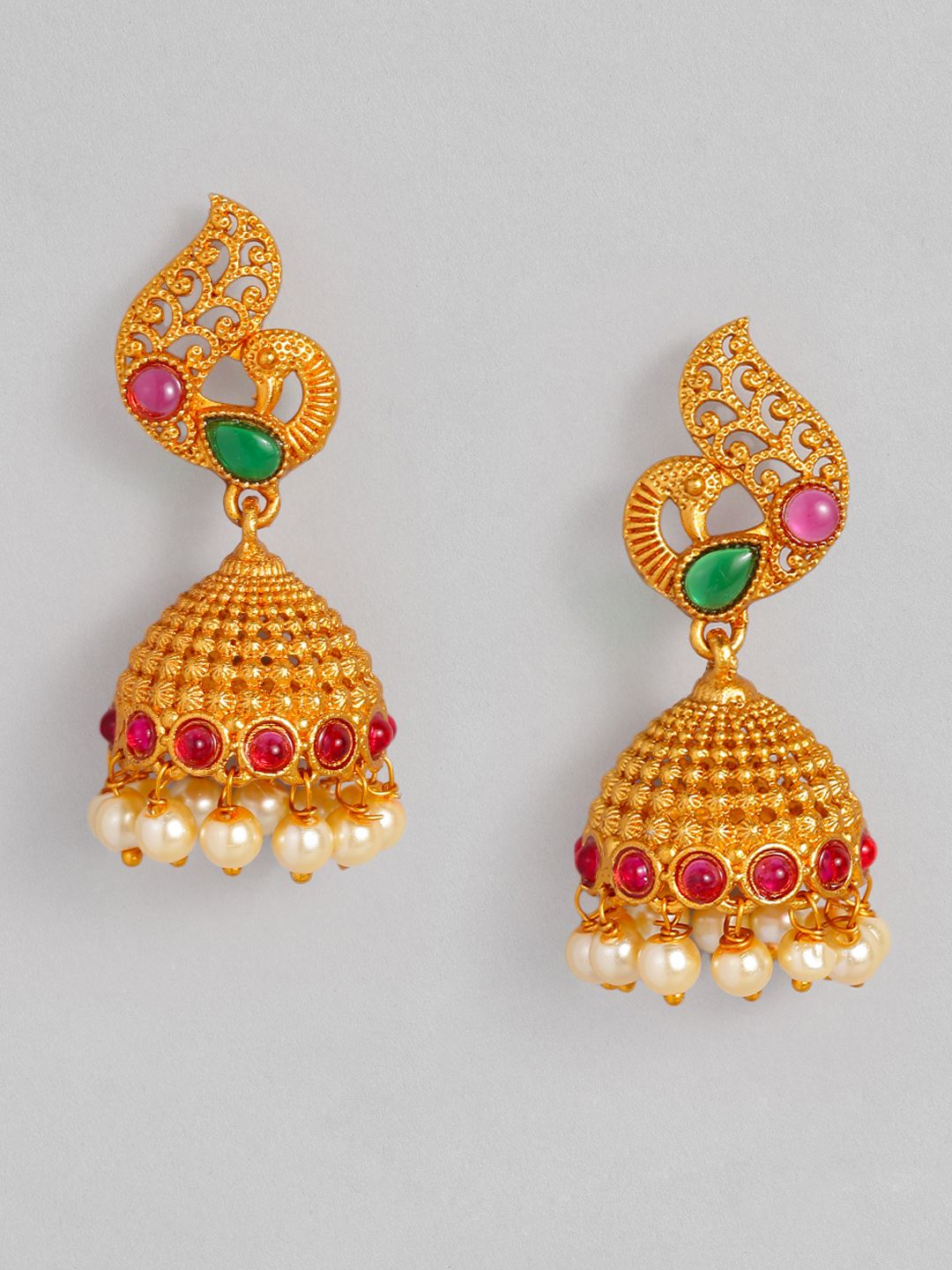 Anouk Fuchsia & White Gold-Plated Beaded Dome Shaped Jhumkas Price in India
