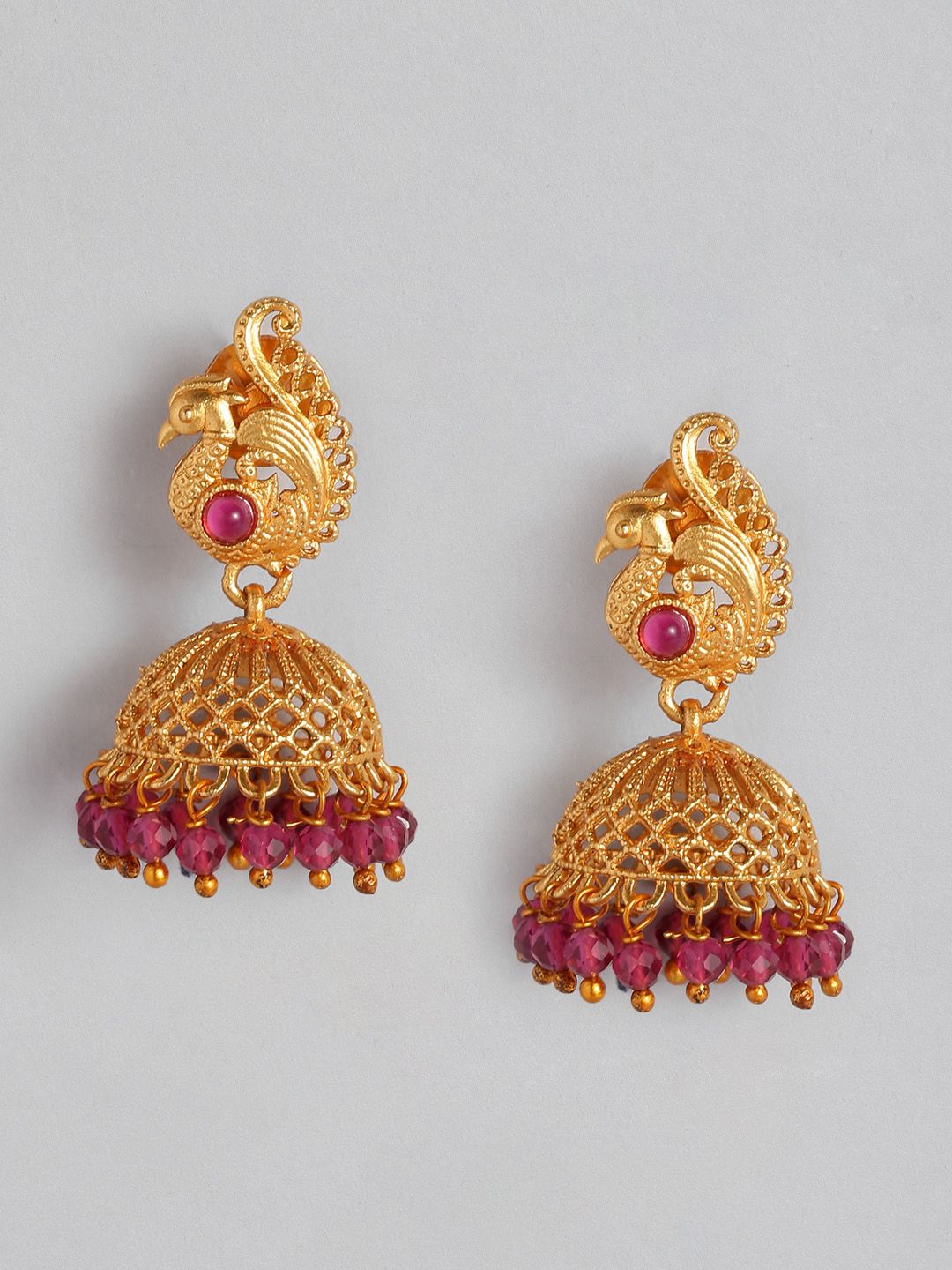 Anouk Gold-Plated & Fuchsia Beaded Peacock Shaped Jhumkas Price in India