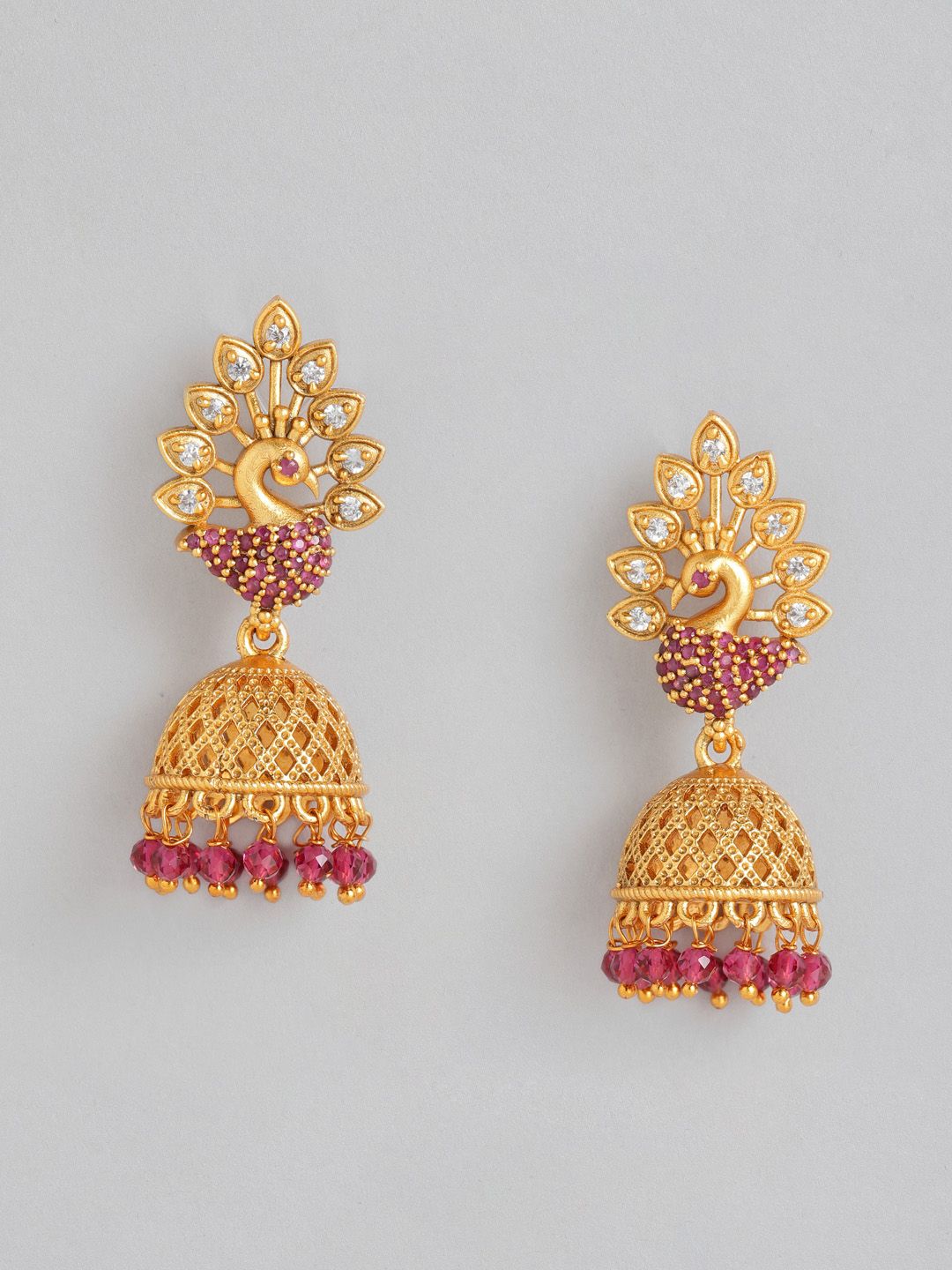 Anouk Gold-Toned & Fuchsia Dome Shaped Jhumkas Earrings Price in India