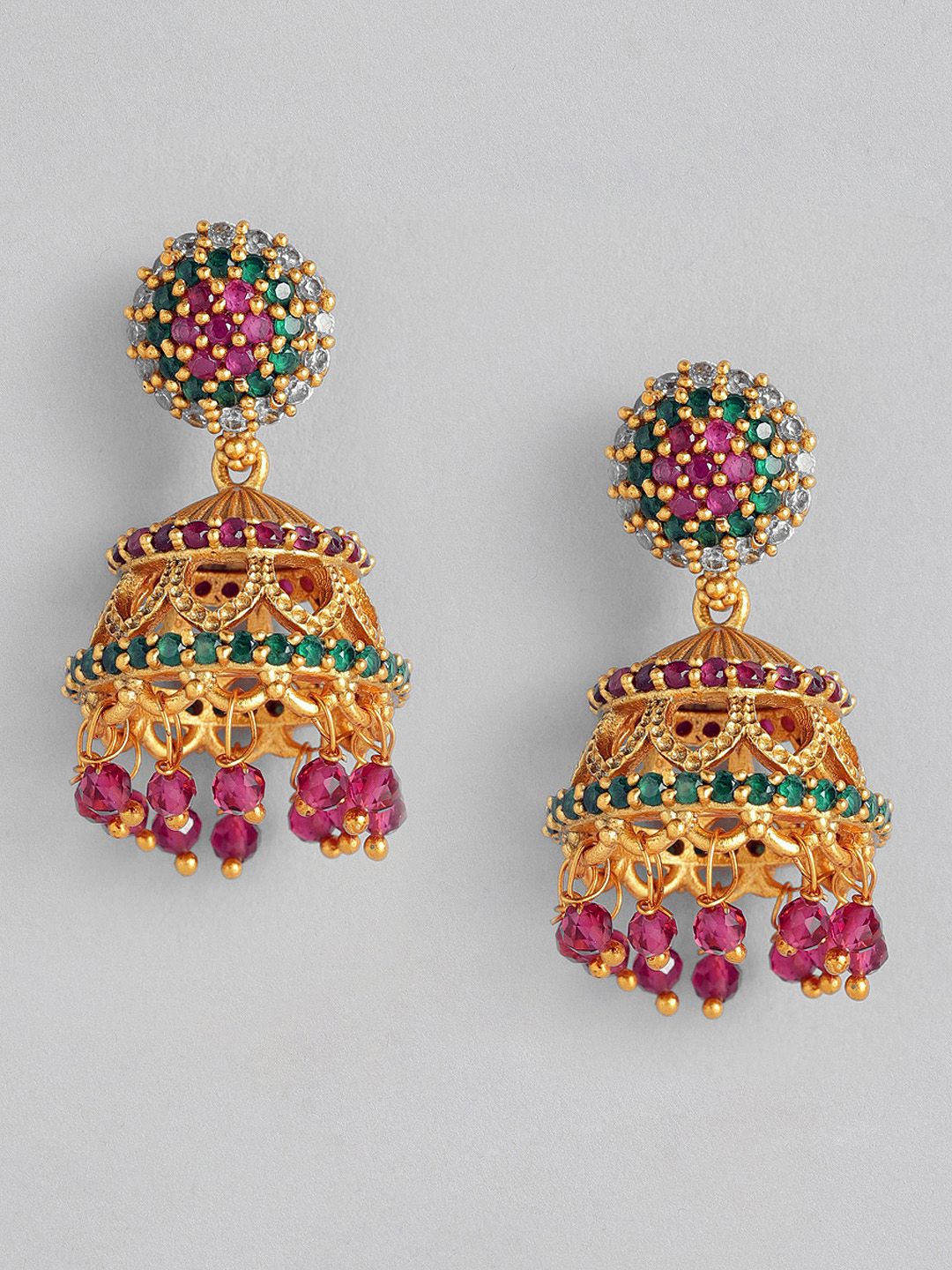 Anouk Gold-Toned & Pink Dome Shaped Jhumkas Earrings Price in India