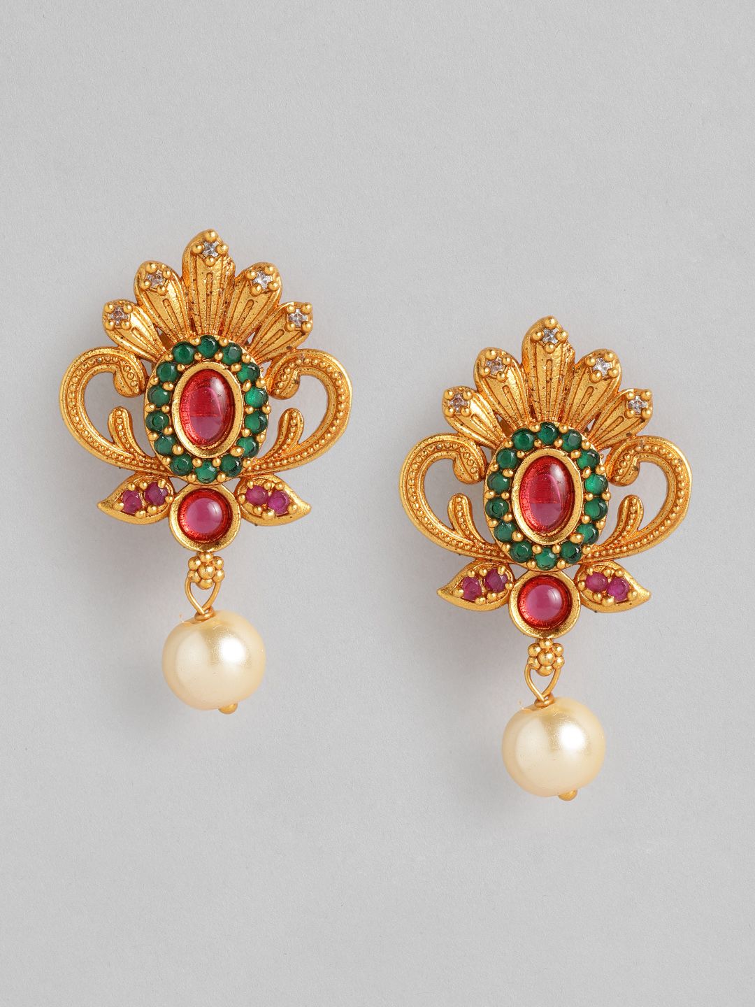 Anouk Gold-Toned & Fuchsia Floral Drop Earrings Price in India