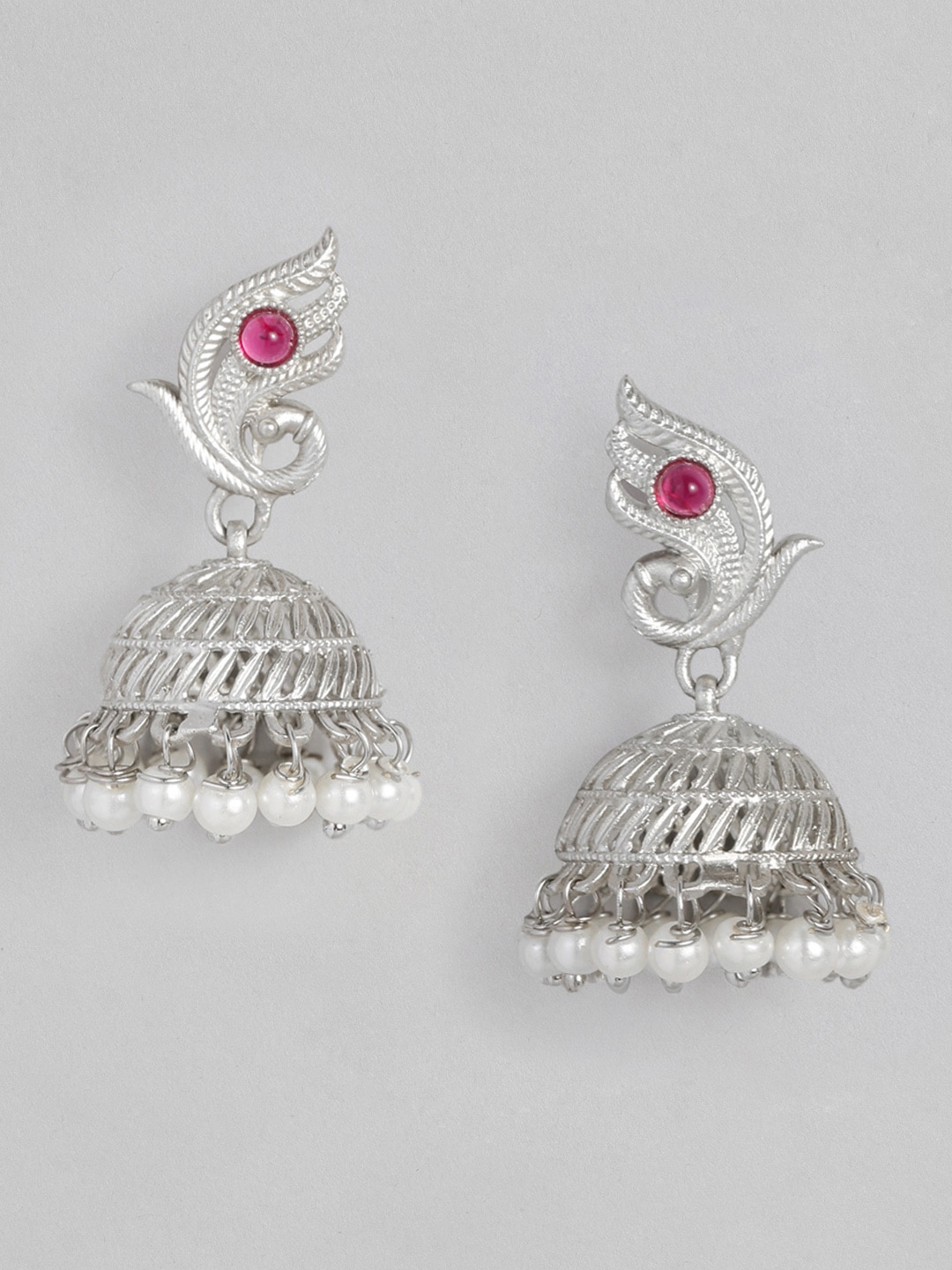 Anouk Silver-Plated Pink Peacock Shaped Jhumkas Price in India