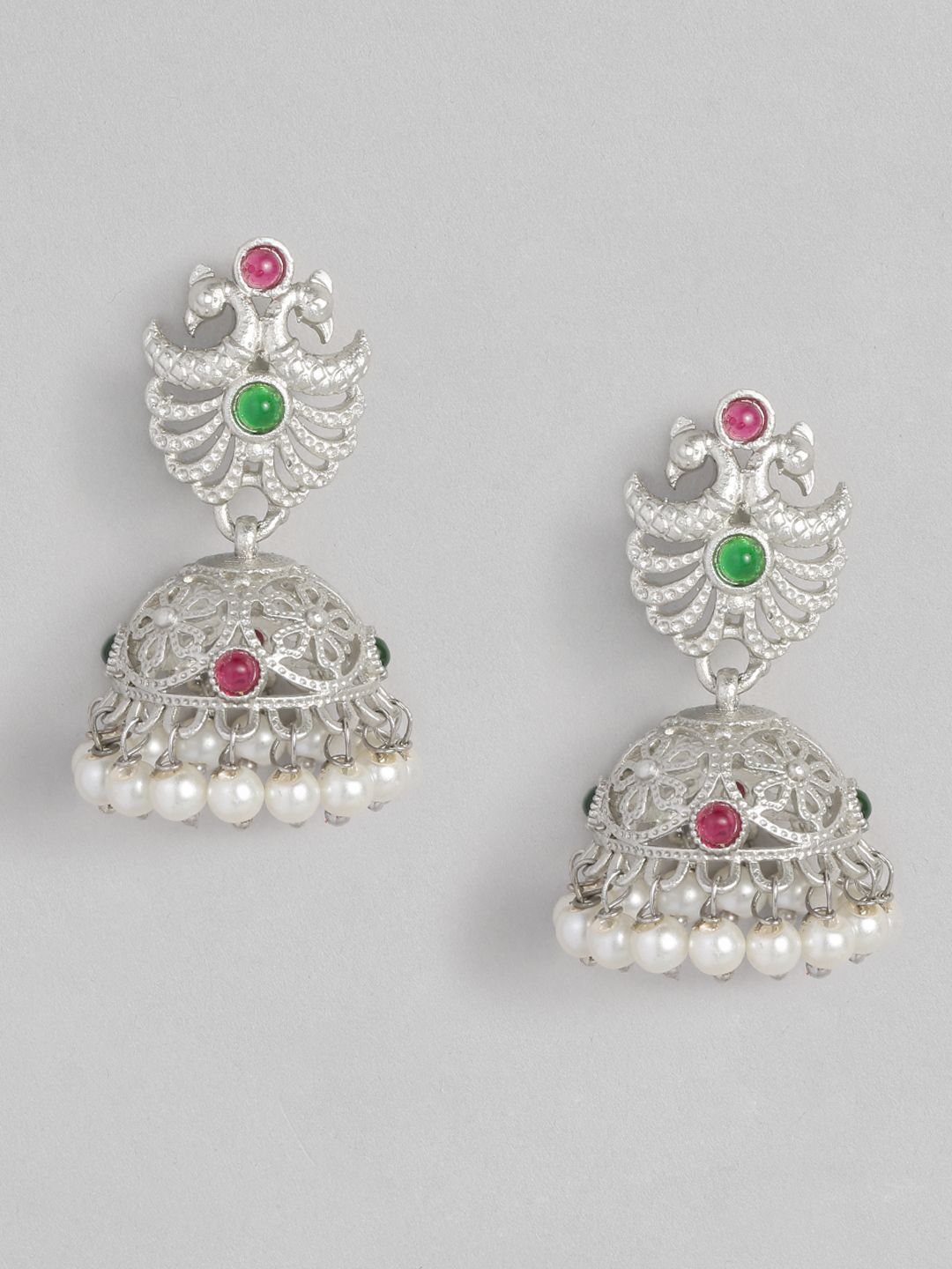 Anouk Silver-Plated Multicoloured Peacock Shaped Jhumkas Earrings Price in India