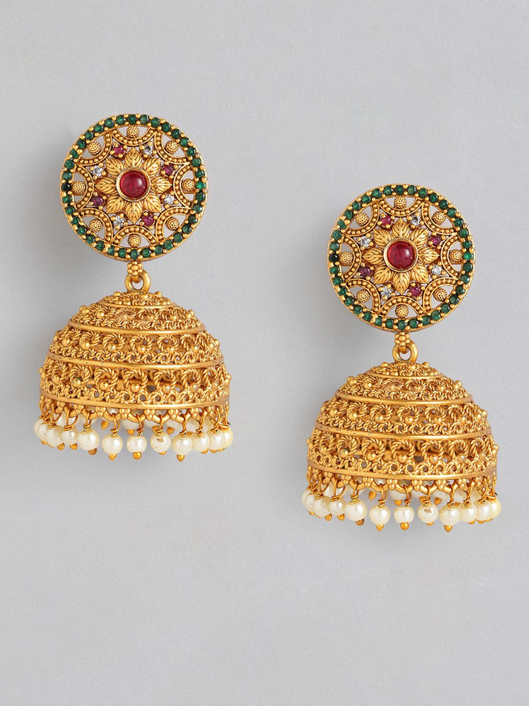 Anouk Gold-Plated & Green Dome Shaped Jhumkas Price in India