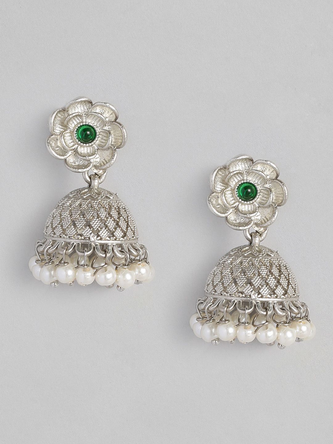 Anouk Silver-Plated Green Floral Jhumkas Earrings Price in India