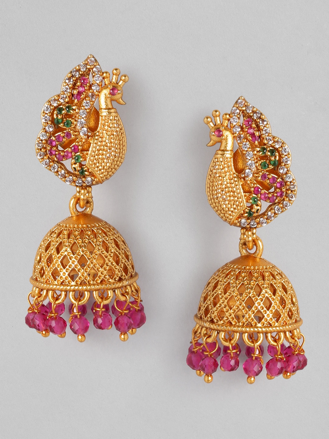 Anouk Gold-Plated & Pink Peacock Shaped Jhumkas Price in India