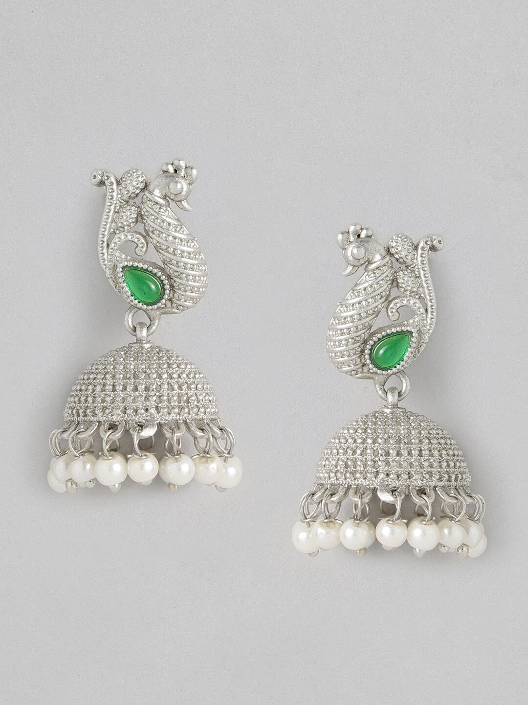 Anouk Silver-Toned & White Dome Shaped Jhumkas Earrings Price in India