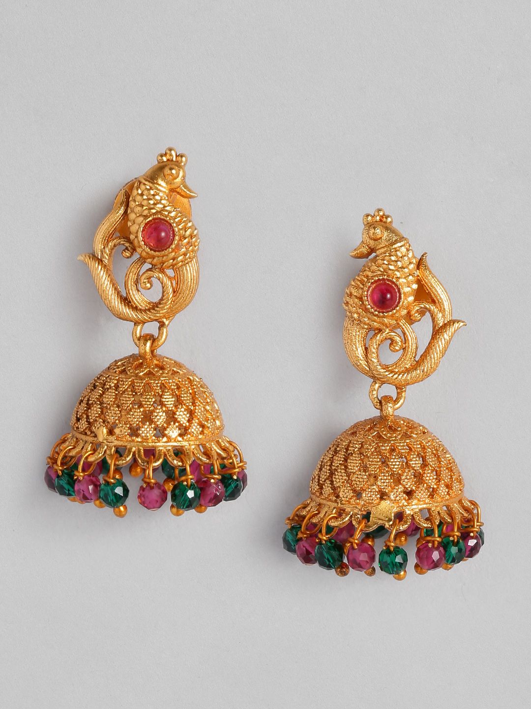 Anouk Pink & Green Gold-Plated Peacock Shaped Jhumkas Price in India