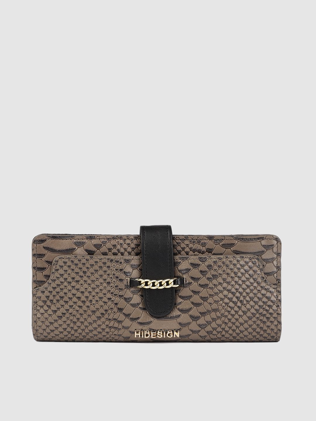 Hidesign Women Gunmetal-Toned Snakeskin Textured Buckle Detail Leather Two Fold Wallet Price in India