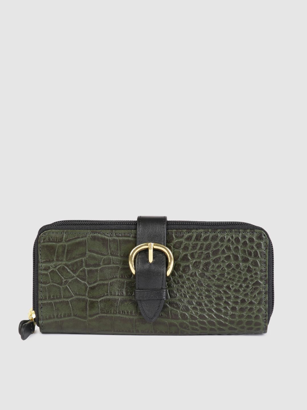 Hidesign Women Green Croc Textured Buckle Detail Leather Zip Around Wallet Price in India