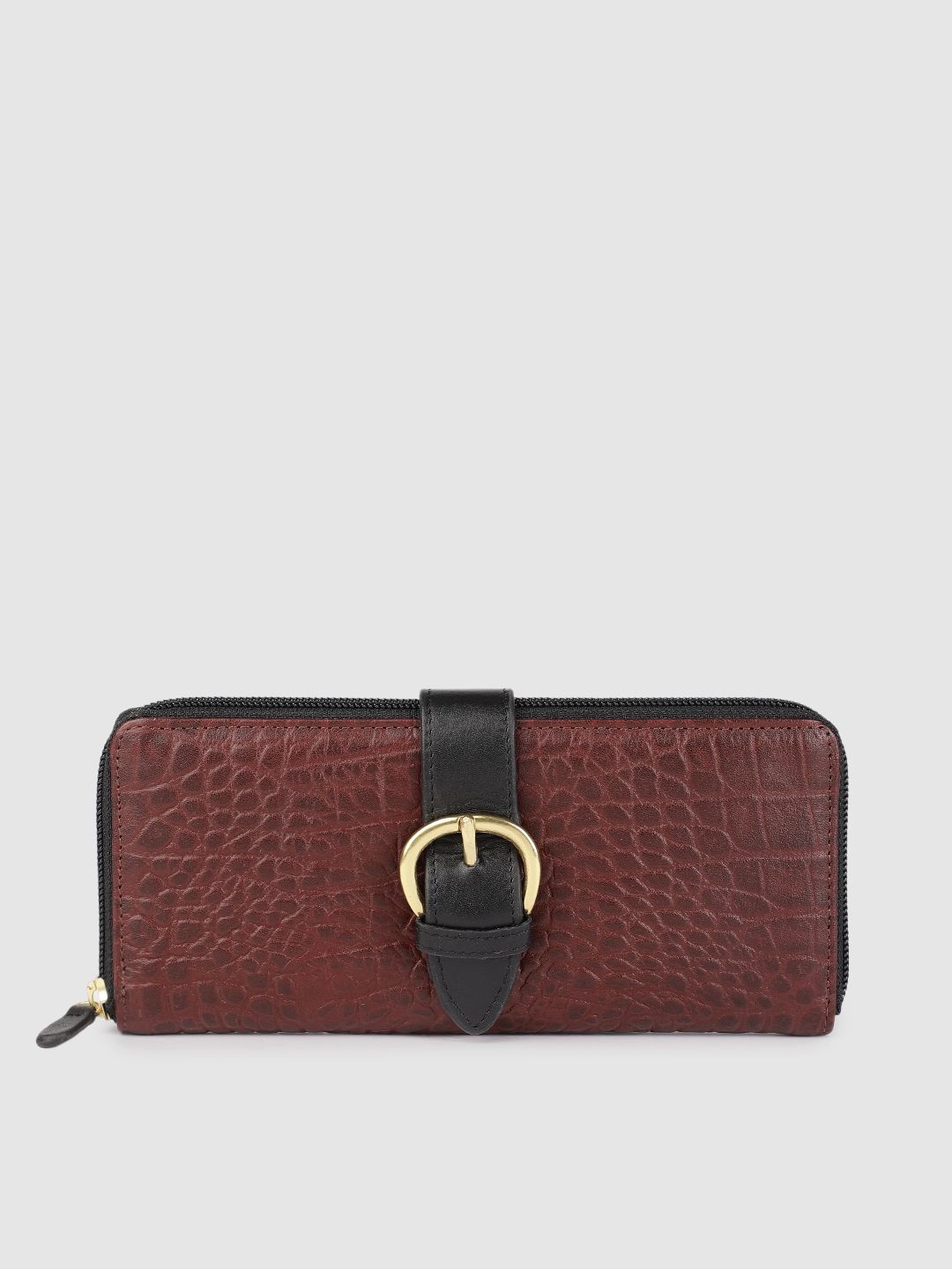 Hidesign Women Maroon Croc Textured Buckle Detail Leather Zip Around Wallet Price in India