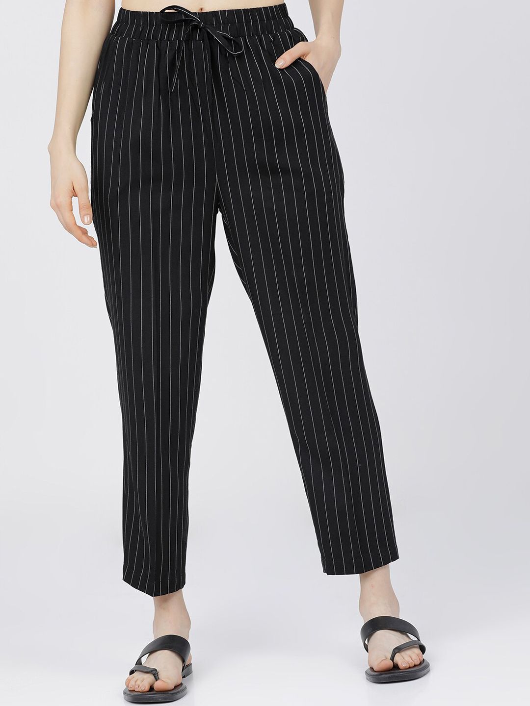 Tokyo Talkies Women Black Striped Pleated Trousers Price in India