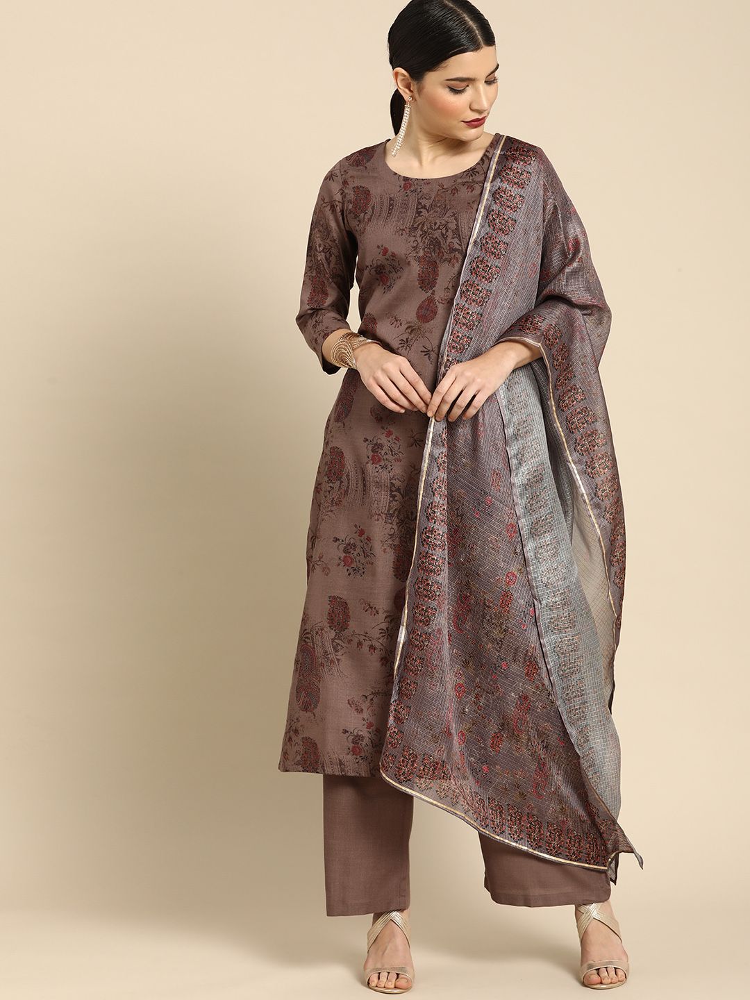 Anouk Women Brown Ethnic Motifs Printed Regular Kurta with Palazzos & With Dupatta Price in India