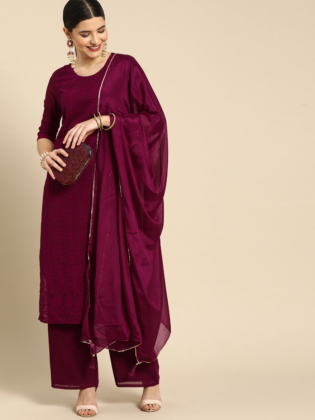 Anouk Women Magenta Embroidered Regular Chikankari Kurta with Palazzos & With Dupatta Price in India