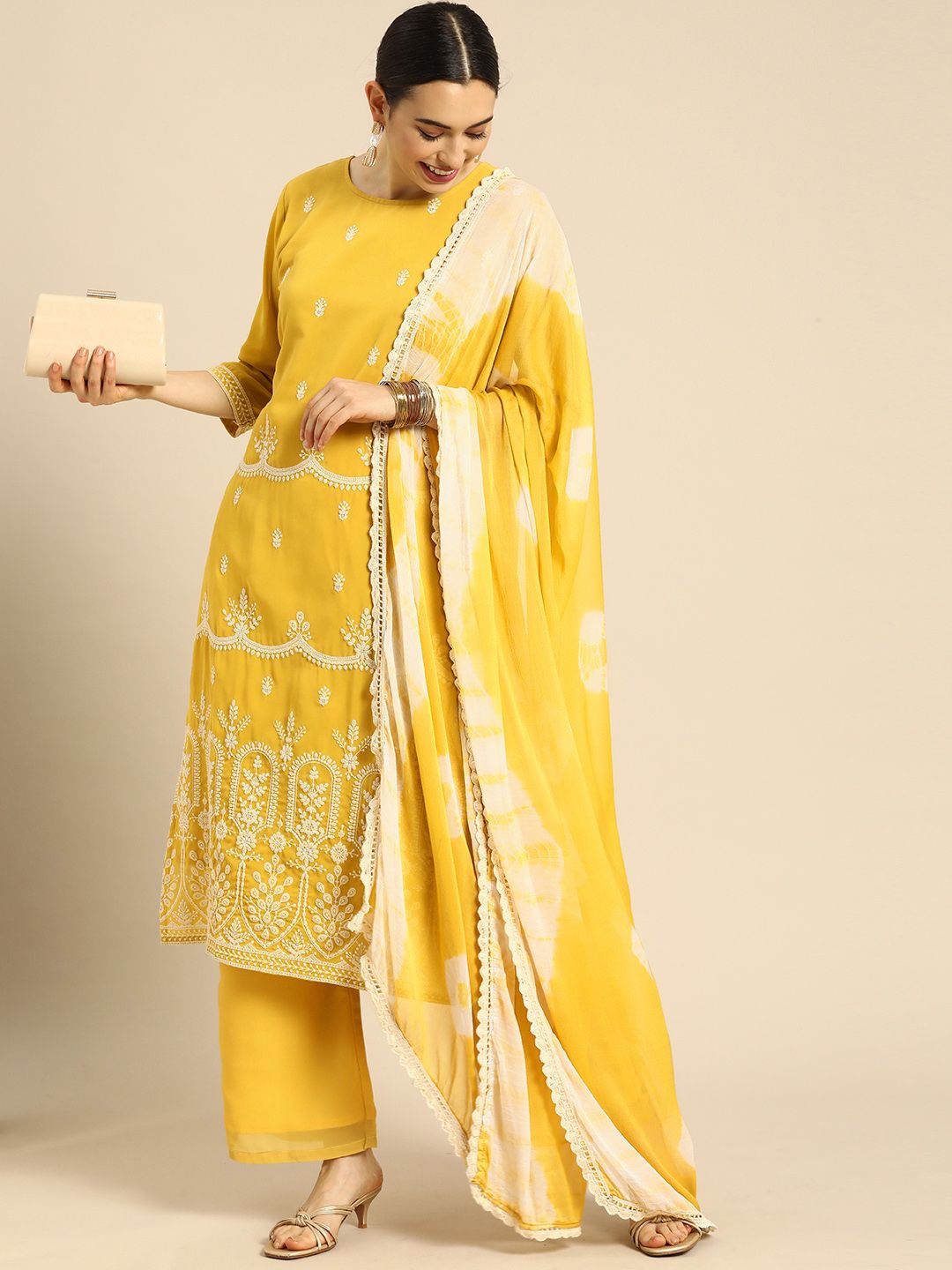 Anouk Women Yellow Ethnic Motifs Embroidered Regular Kurta with Palazzos & With Dupatta Price in India