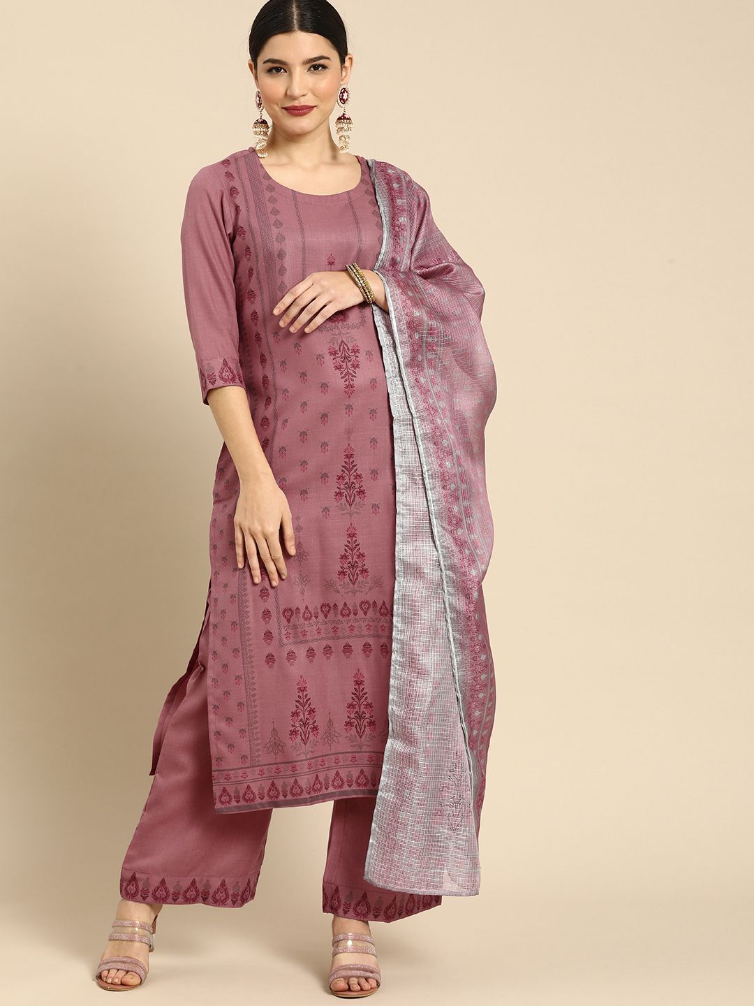 Anouk Women Pink Ethnic Motifs Printed Regular Kurta with Palazzos & With Dupatta Price in India