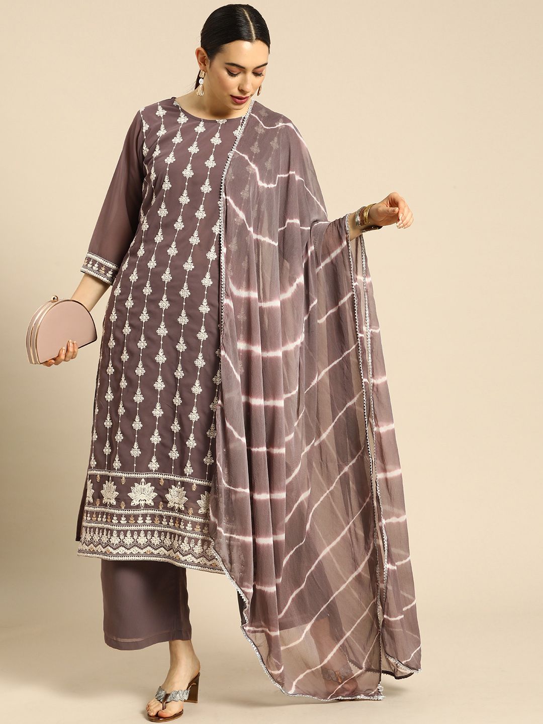 Anouk Women Grey Ethnic Motifs Embroidered Sequinned Kurta with Palazzos & With Dupatta Price in India