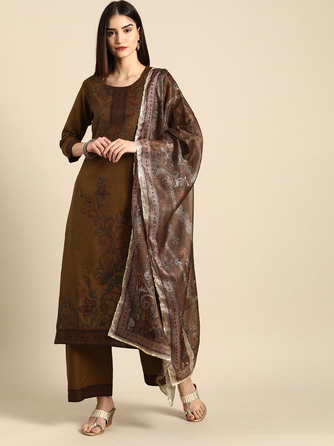 Anouk Women Brown Floral Printed Regular Kurta with Palazzos & With Dupatta Price in India