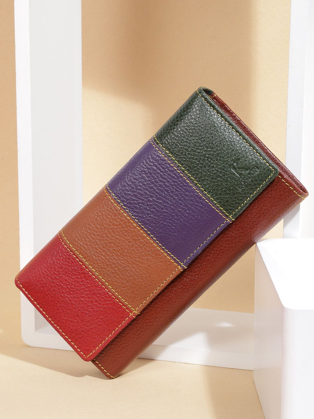 K London Women Brown & Multicoloured Striped Leather Two Fold Wallet Price in India