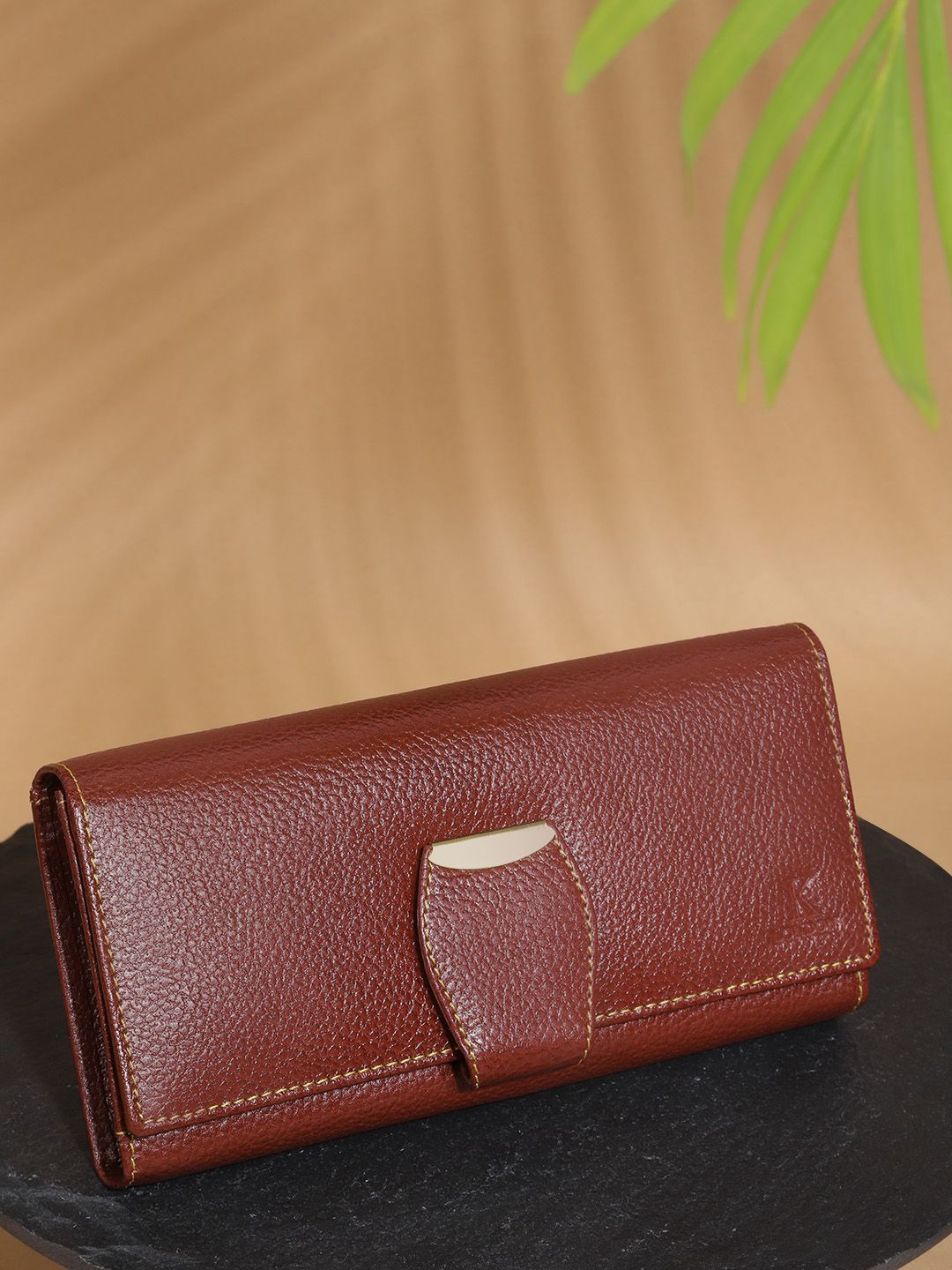 K London Women Brown Textured Leather Two Fold Wallet Price in India