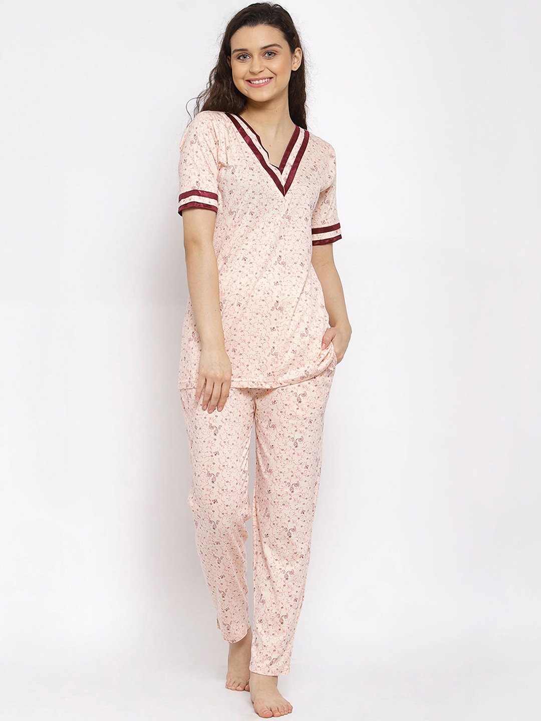 Fasense Women Peach Printed Top & Pyjama Set Price in India