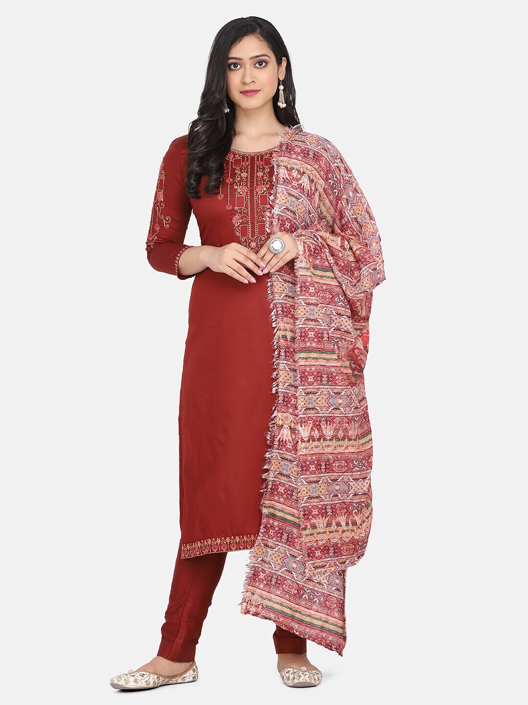 Shaily Rust Embroidered Unstitched Dress Material Price in India