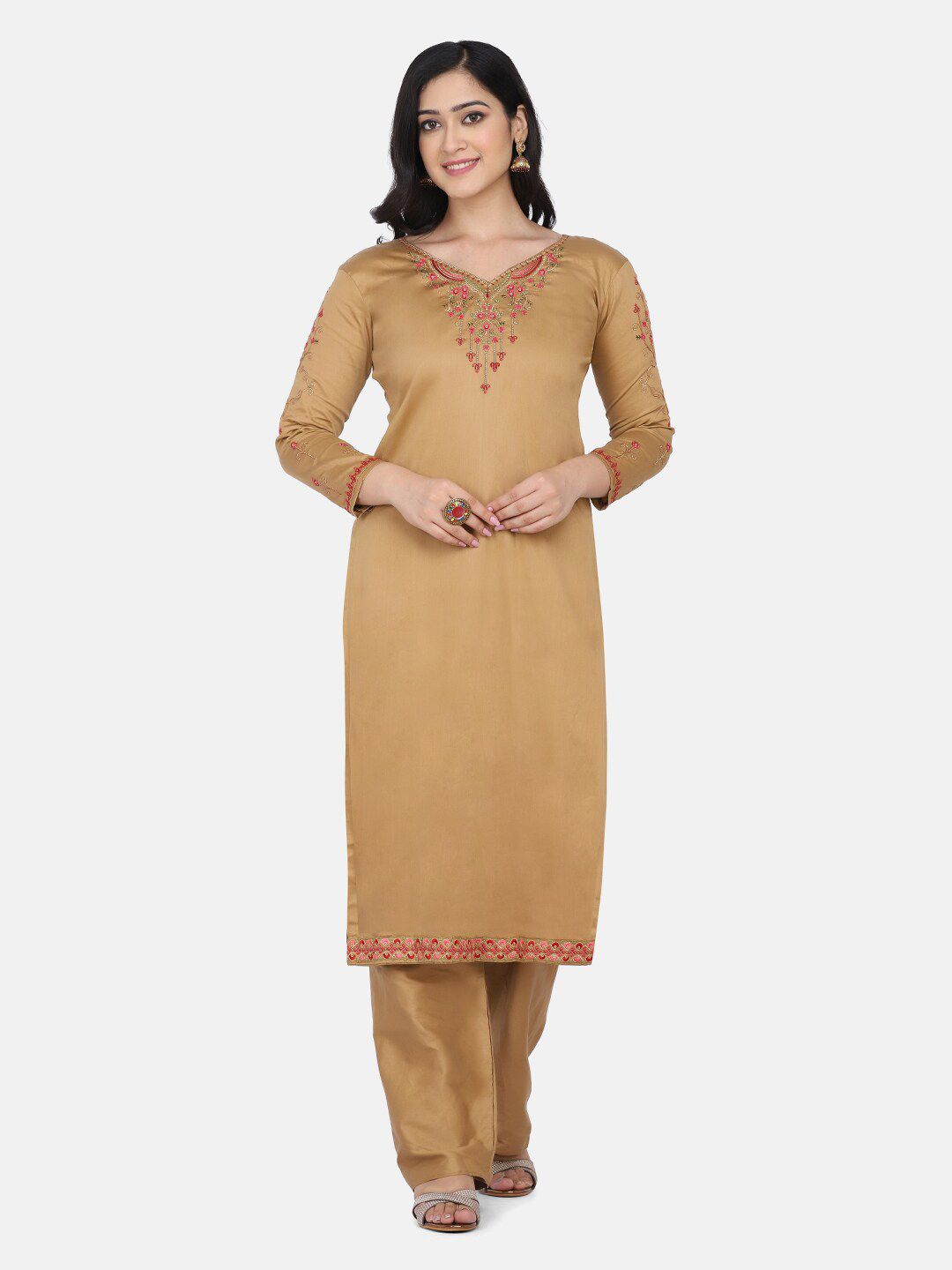 Shaily Beige & Peach-Coloured Embroidered Unstitched Dress Material Price in India
