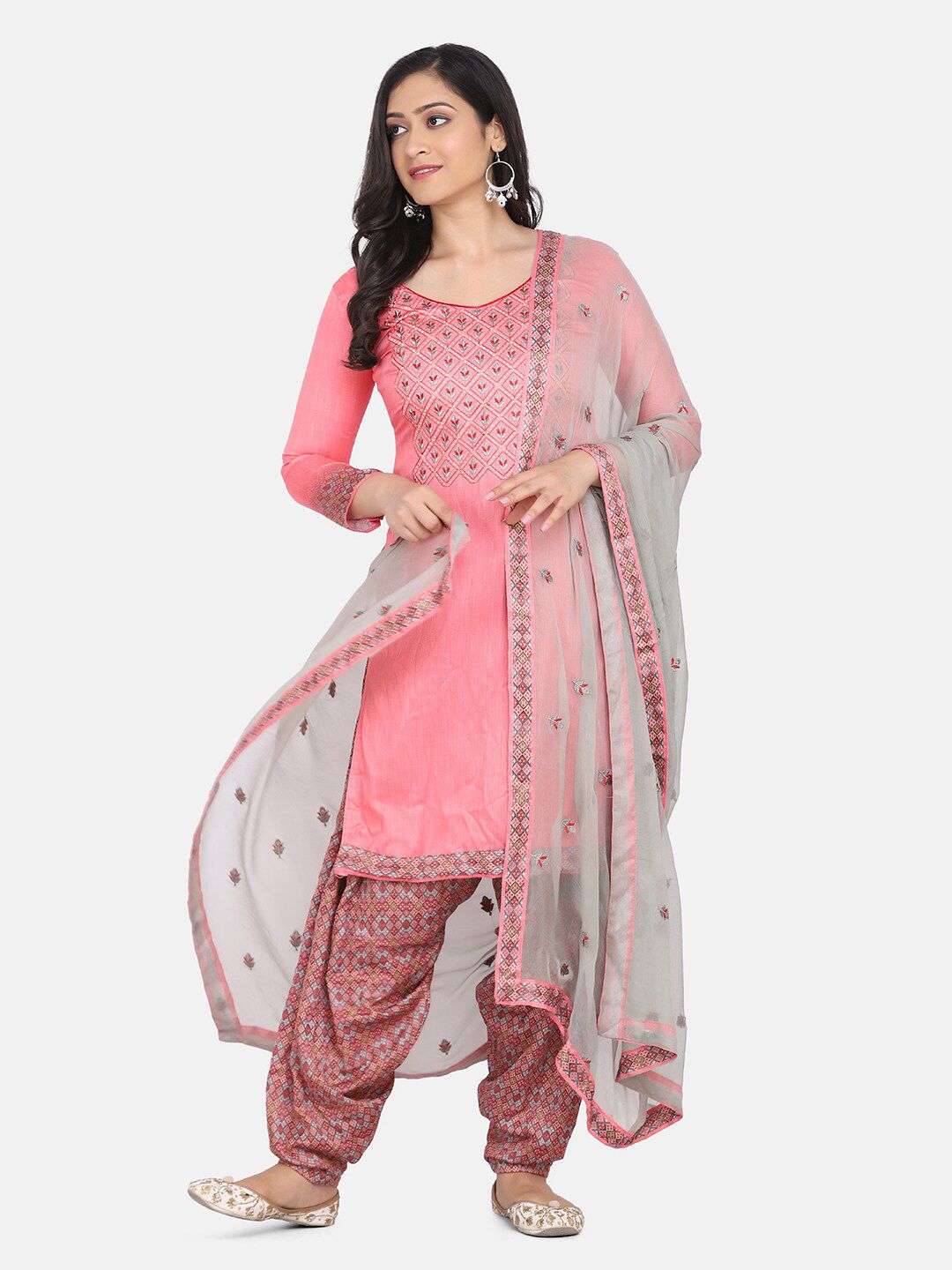 Shaily Pink & Grey Embroidered Unstitched Dress Material Price in India
