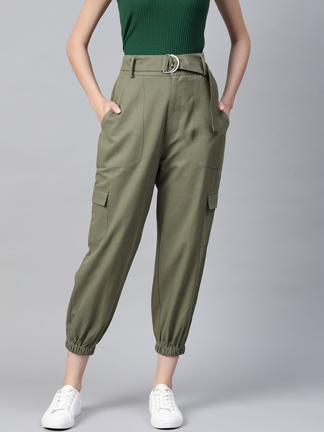 Popnetic Women Olive Green Cotton Cropped Cargo Joggers Price in India