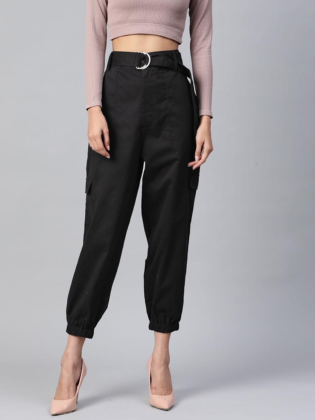 Popnetic Women Black High-Rise Cargo Joggers Price in India