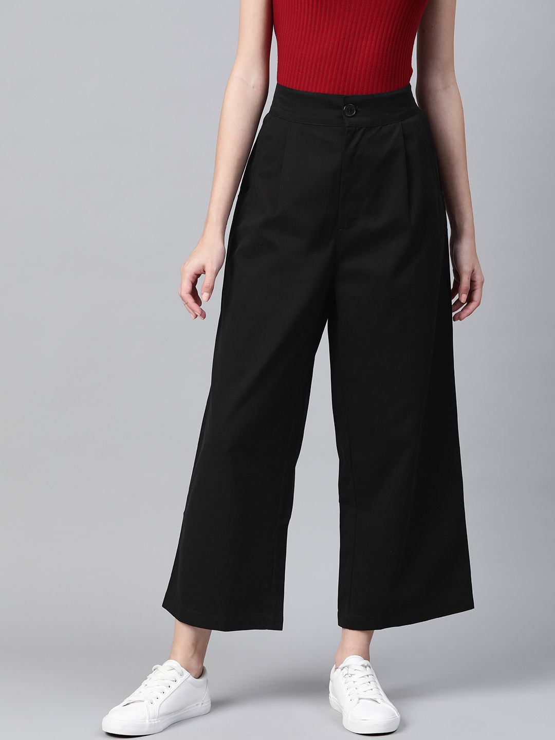 Popnetic Women Black Cotton Cropped Parallel Trousers Price in India