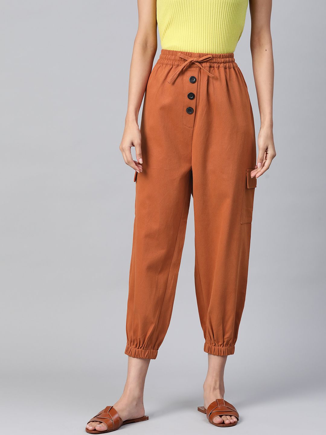 Popnetic Women Rust Orange Cotton Cropped Joggers Price in India