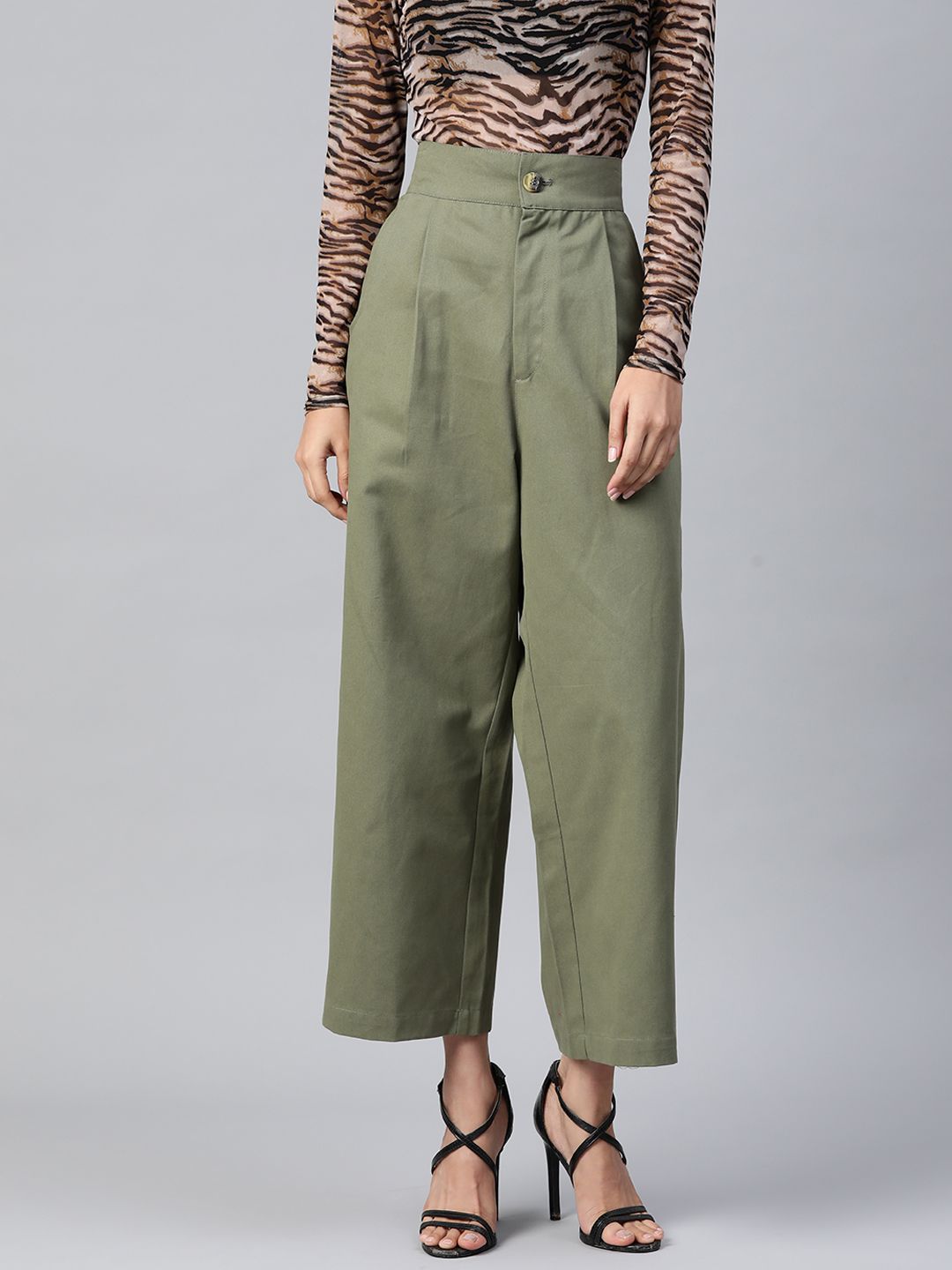 Popnetic Women Olive Green Cotton Cropped Parallel Trousers Price in India