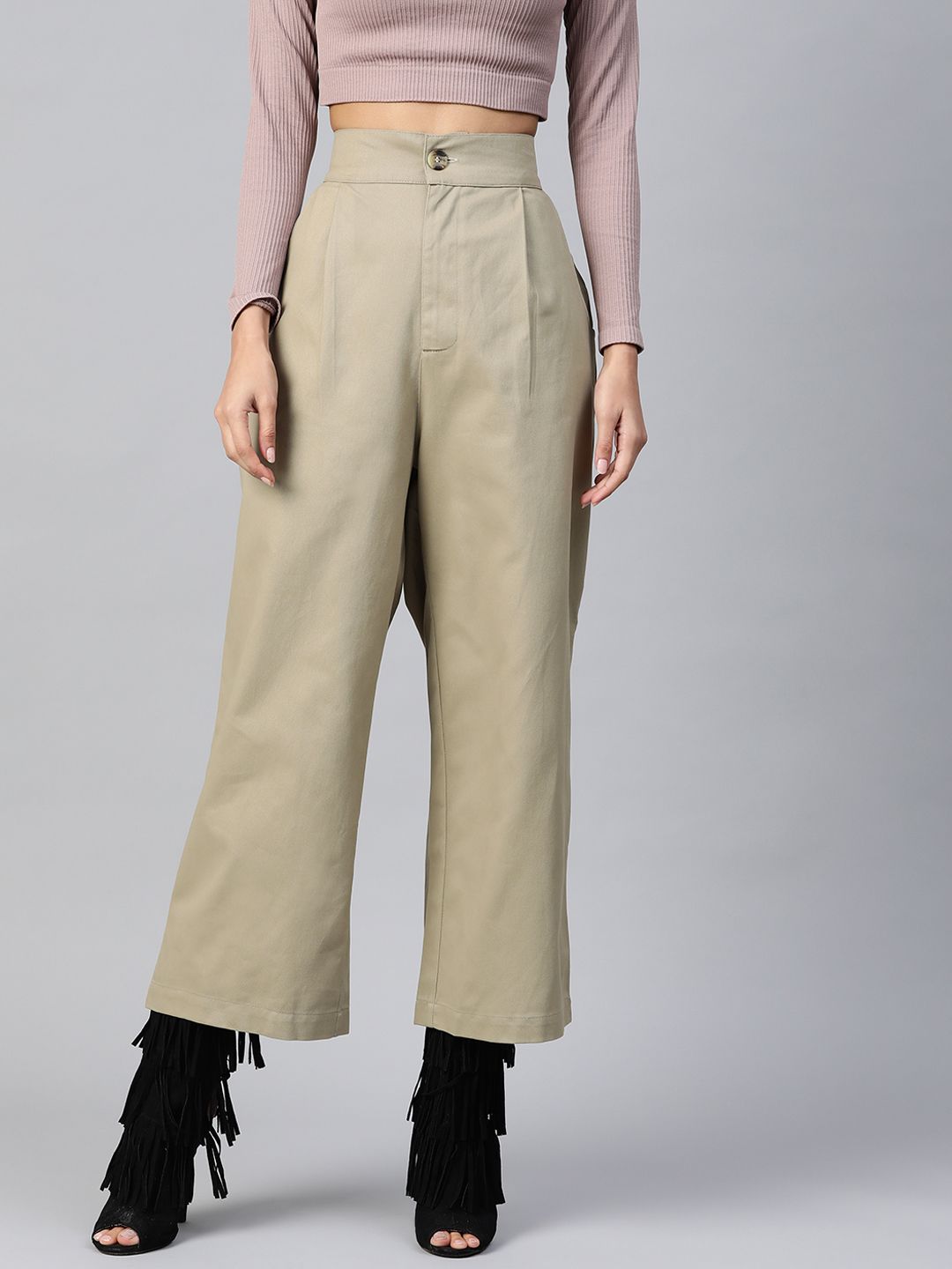 Popnetic Women Beige High-Rise Parallel Trousers Price in India