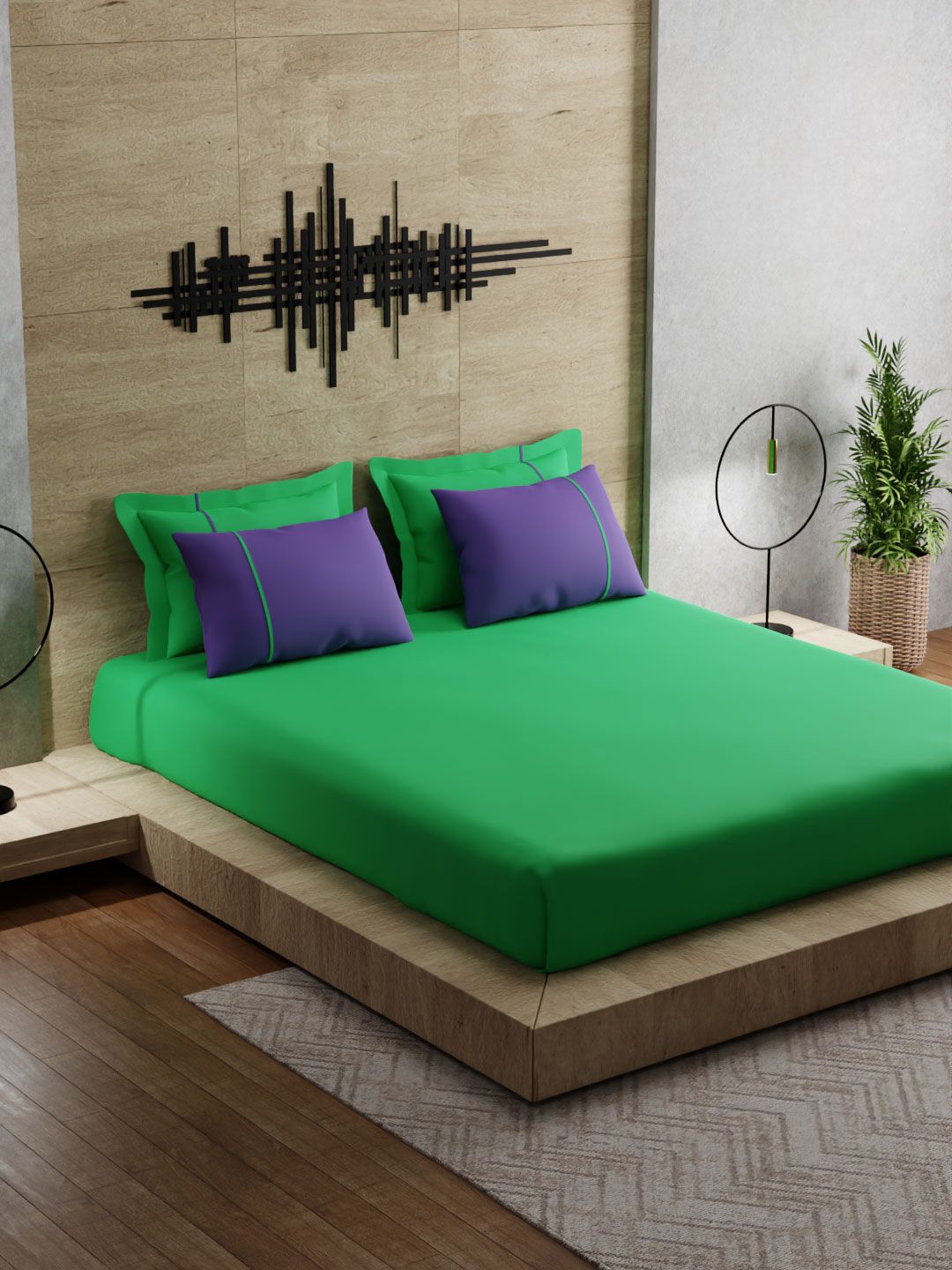 Stoa Paris Colours Collection Cotton 144 TC Green & Purple King Bedsheet With 4 Pillow Covers Price in India