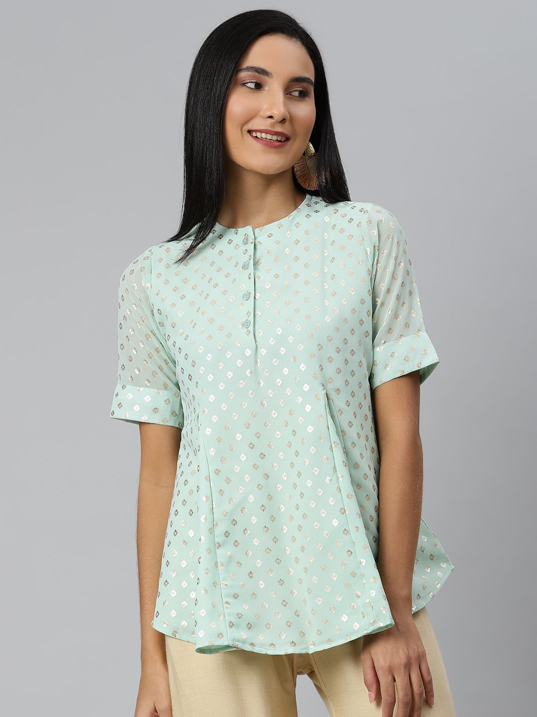 Ives Sea Green Foil Printed A-Line Top