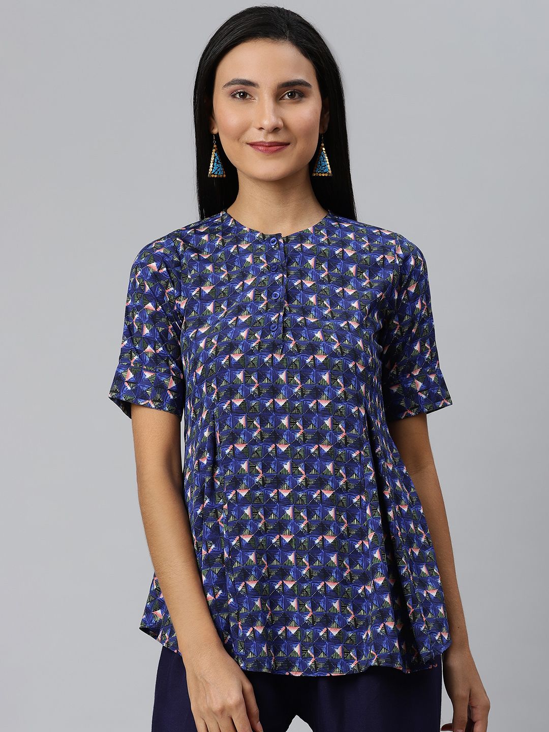 Ives Blue Geometric Printed Crepe A-Line Top