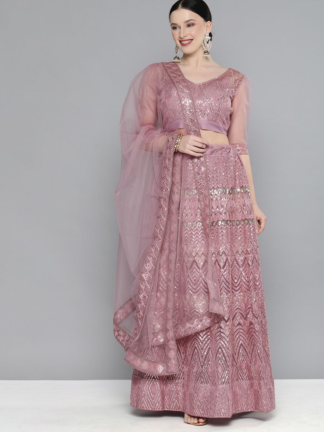 Kvsfab Pink Embellished Sequinned Semi-Stitched Lehenga & Unstitched Blouse With Dupatta Price in India