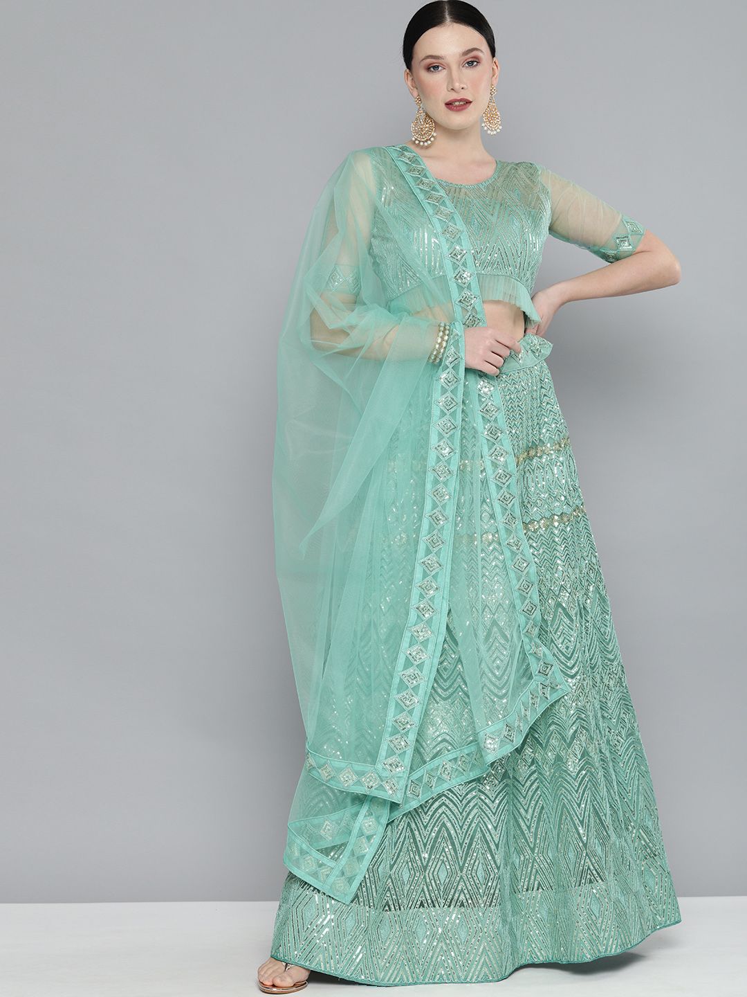 Kvsfab Green & Silver-Toned Embellished Sequinned Semi-Stitched Lehenga & Unstitched Blouse With Dupatta Price in India