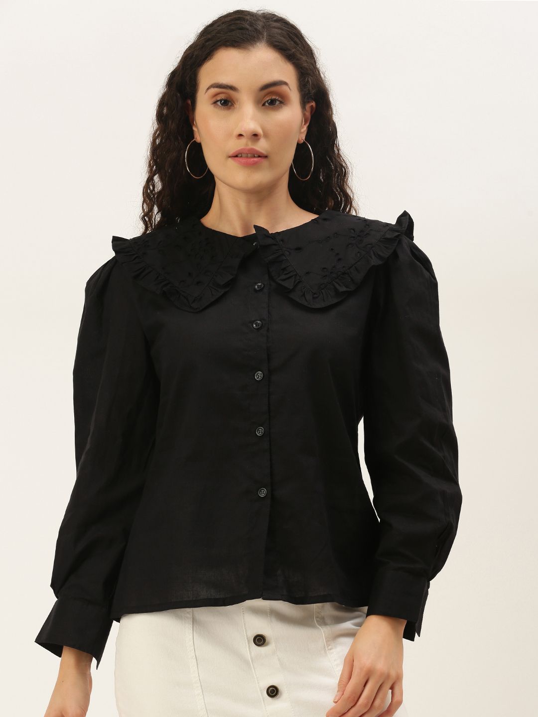 Cation Women Black Cotton Schiffli Embroidered Collar Casual Shirt