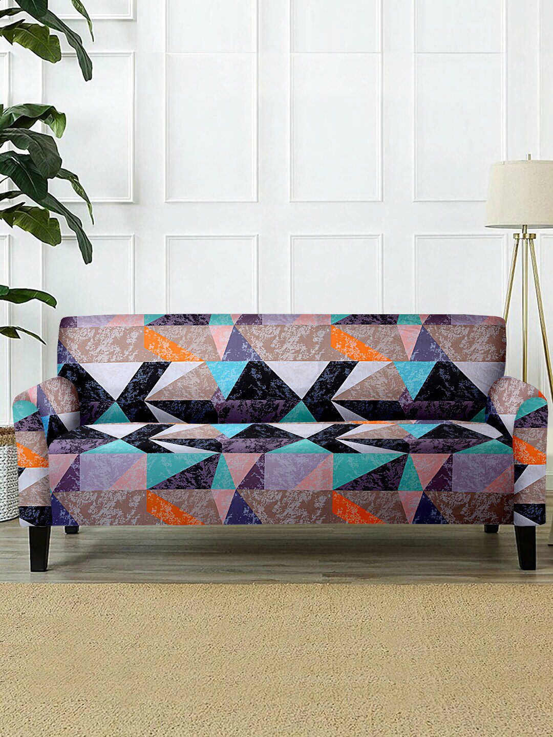 Cortina Purple & Pink Geometric Printed 2-Seater Sofa Cover Price in India