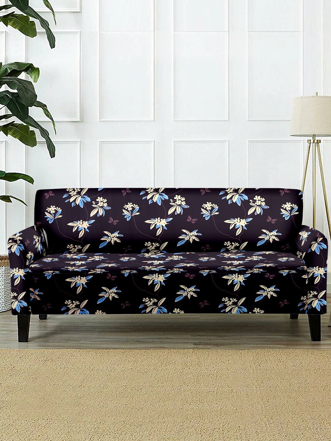 Cortina Black & Blue Floral Printed 2-Seater Sofa Cover Price in India