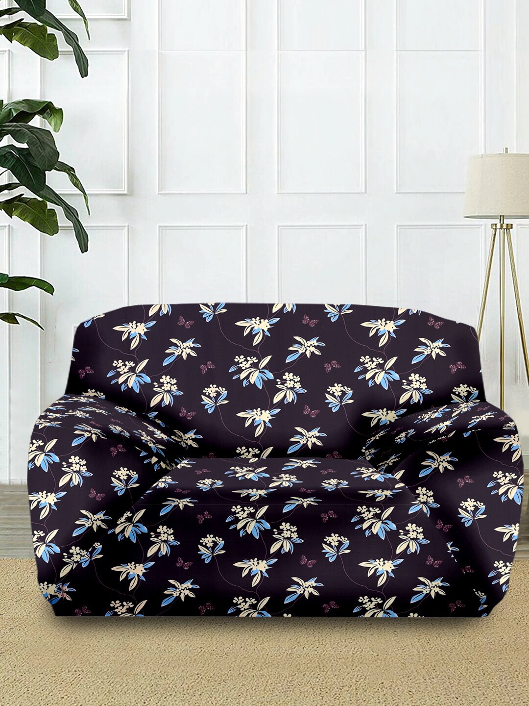 Cortina Black & Blue Floral Printed 1-Seater Sofa Cover Price in India