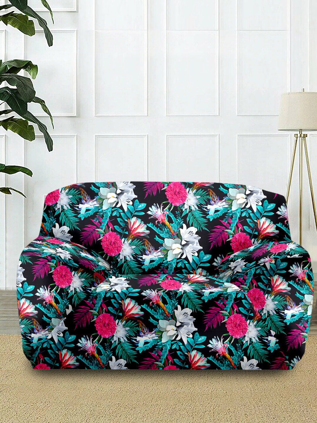 Cortina Blue & Pink Floral Printed 1-Seater Sofa Cover Price in India