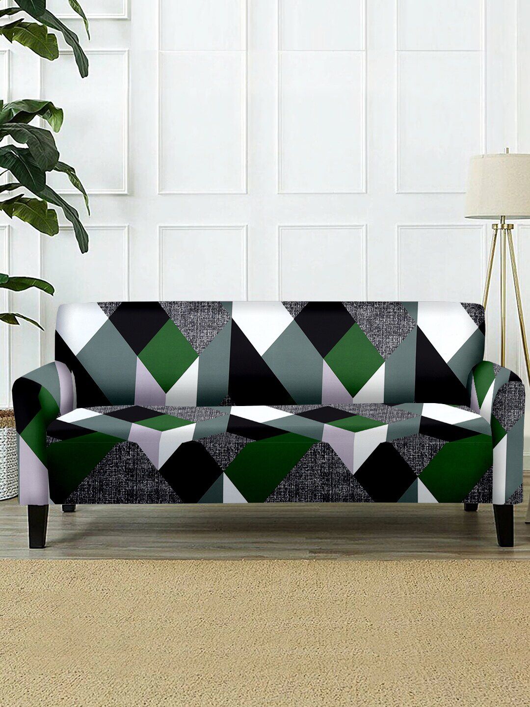 Cortina Green & Black Geometric Printed 2-Seater Sofa Cover Price in India